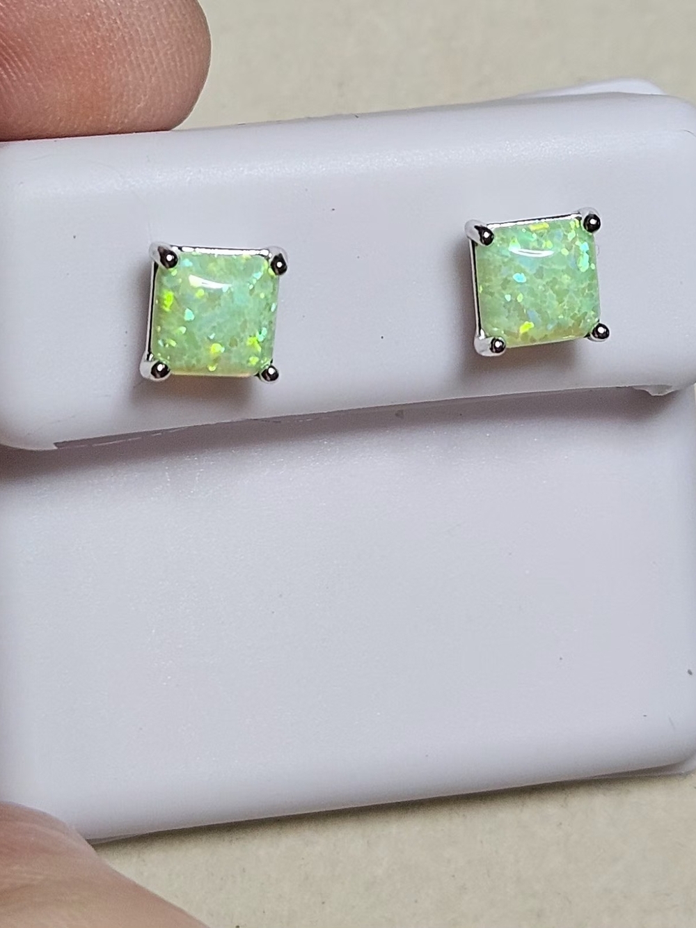 Green Natural Opal Square Stud Earrings - 925 Sterling Silver - Picture 9 of 11